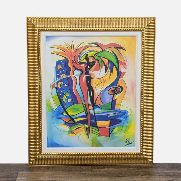Framed giclee canvas art by Alfred Gockel titled “Cosmic Gecko,” featuring abstract, vibrant colors.