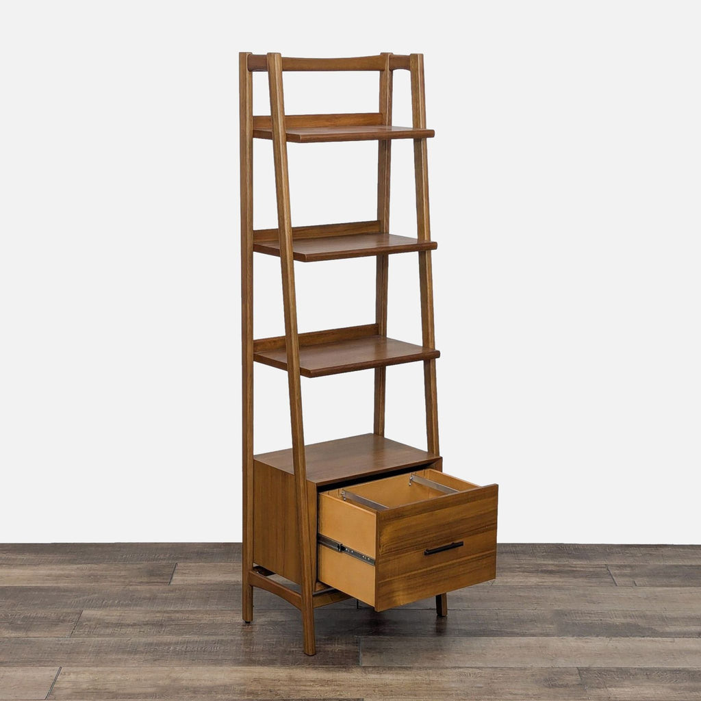 a wooden shelf with a wooden chair and a wooden shelf 