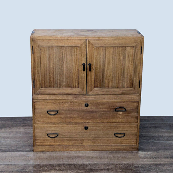 a wooden cabinet with a wooden head board 