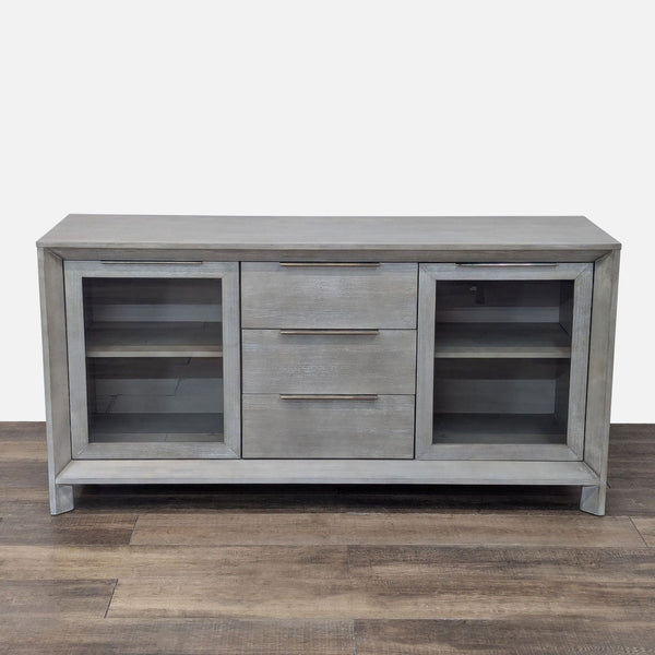 a wooden cabinet with a wooden table and a black and white floor 