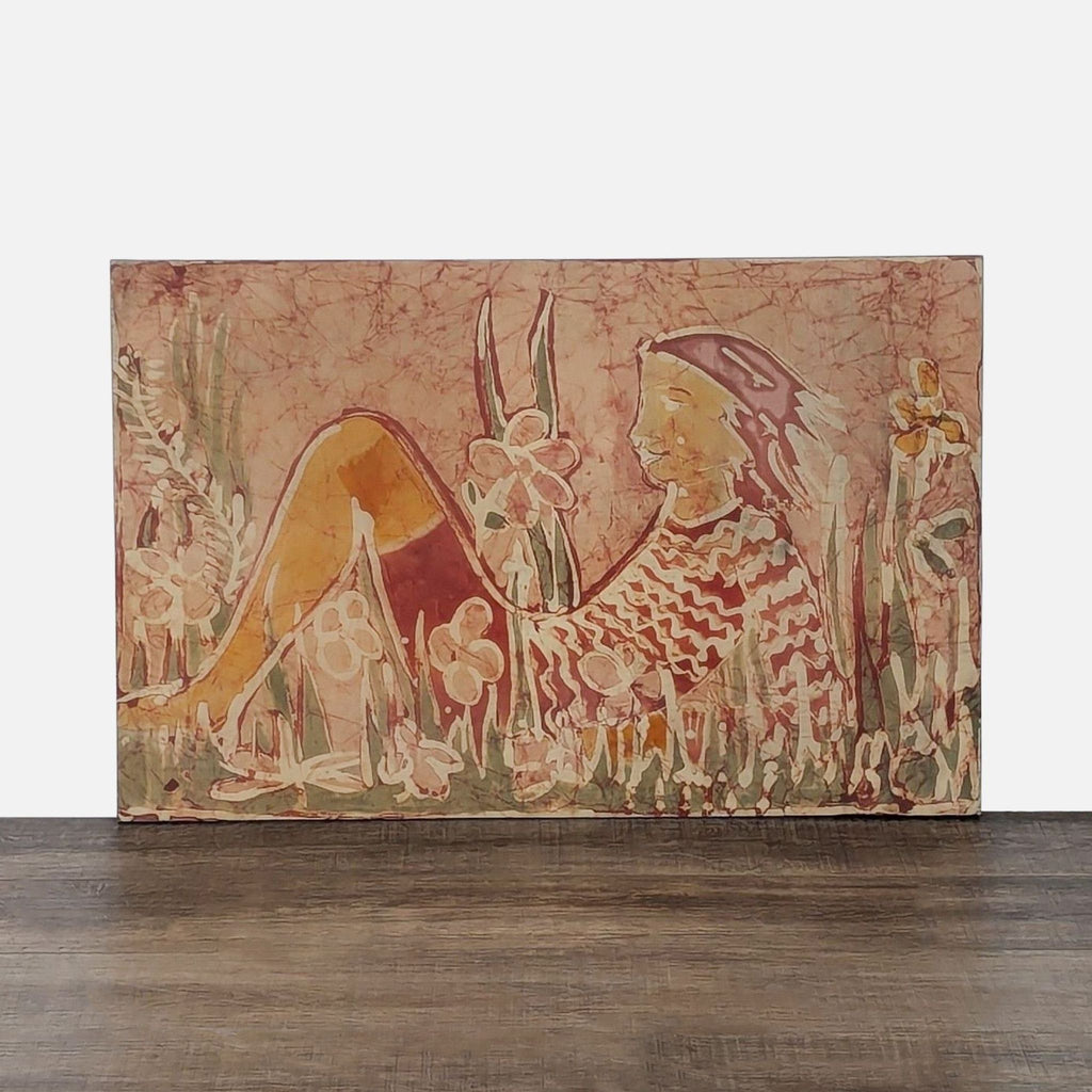 a painting of a woman holding a bird on a table 