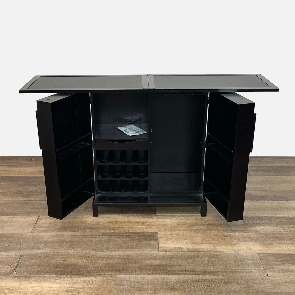 Crate & Barrel plantation-style bar cabinet with grooved doors, adjustable shelves, and organized wine storage.  