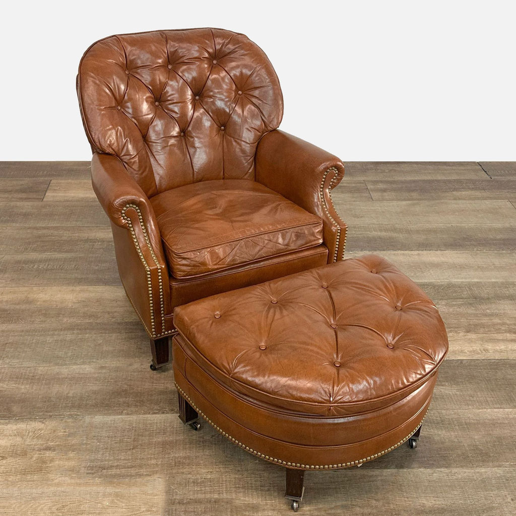 a chair with a wooden foot rest on it 