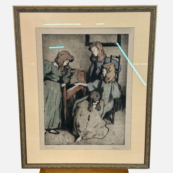 a painting of a man and a woman with a dog 