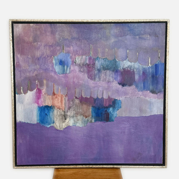 a painting of a woman in a blue dress with flowers 