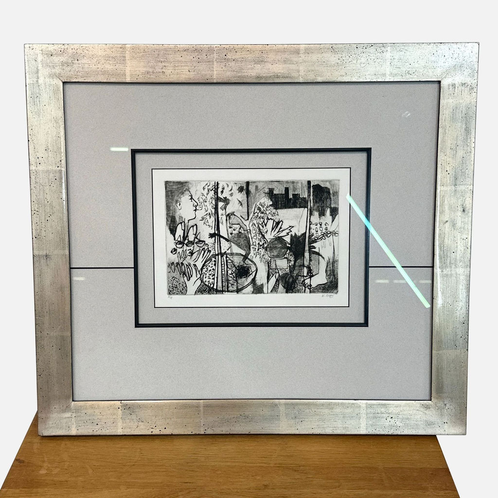 Abstract black and white drawing, signed, in rustic silver frame. Double-matted for elegance.
