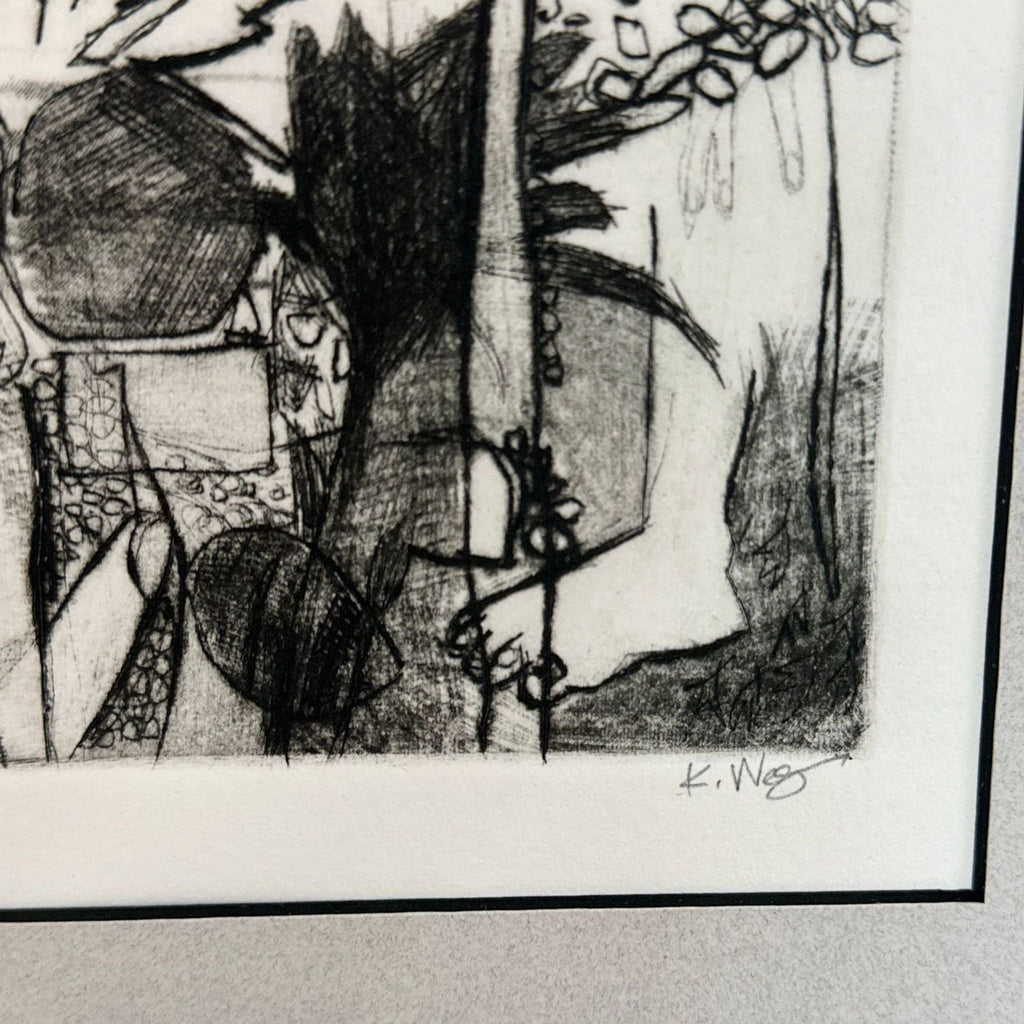 Detailed section of an abstract drawing with intricate black and white patterns, artist's signature visible.