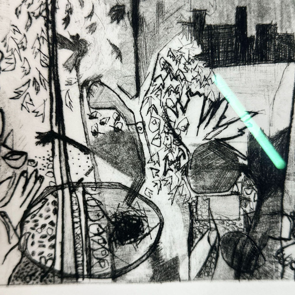 Close-up of abstract details featuring dynamic black lines and textured elements, artist signed.