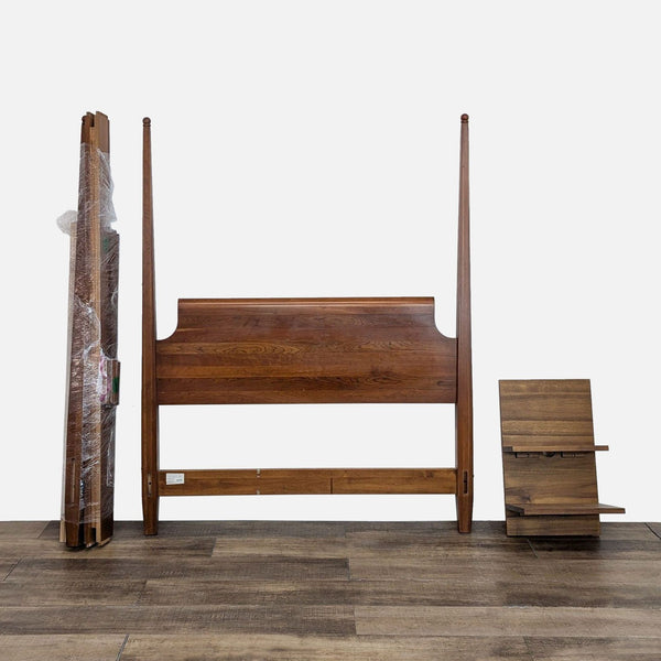 Ethan Allen cherry wood queen poster bed, front view, disassembled.