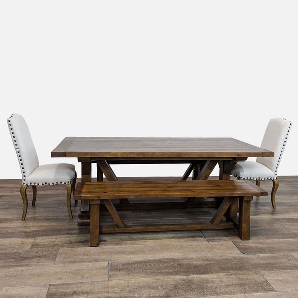 1. Rustic Reperch farmhouse dining set with wooden trestle table, two benches, and nailhead-trim upholstered chairs.