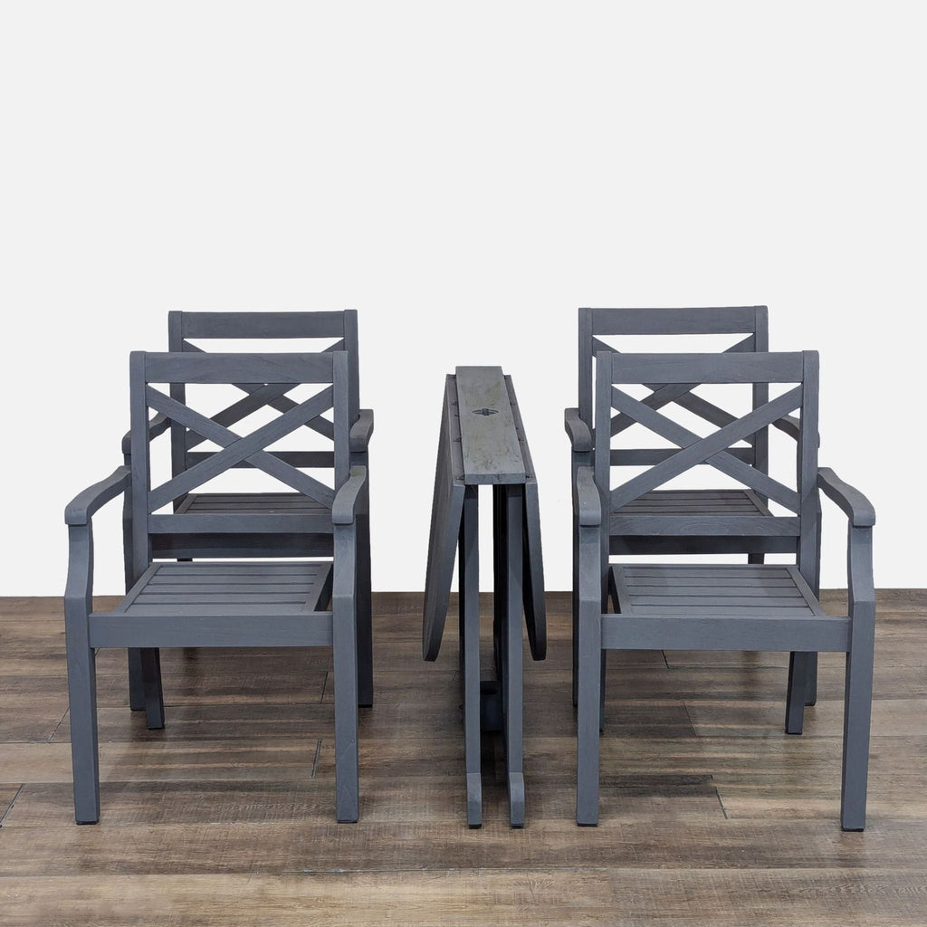 Wooden dining set includes a versatile round table with two drop leaves and four matching chairs.