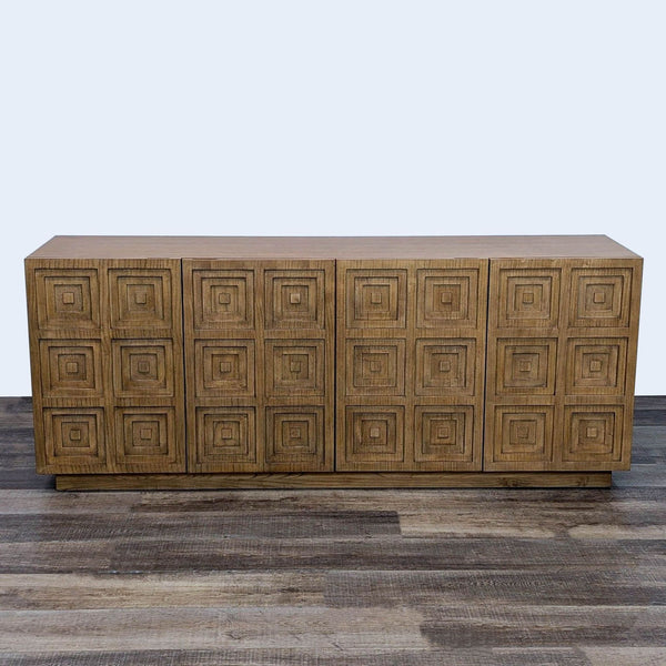 Modern sideboard with dimensional grid design in wood.