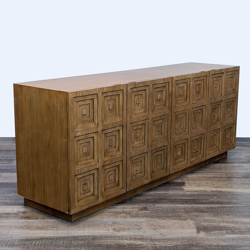 Angled view of wood-embossed sideboard on wooden floor.