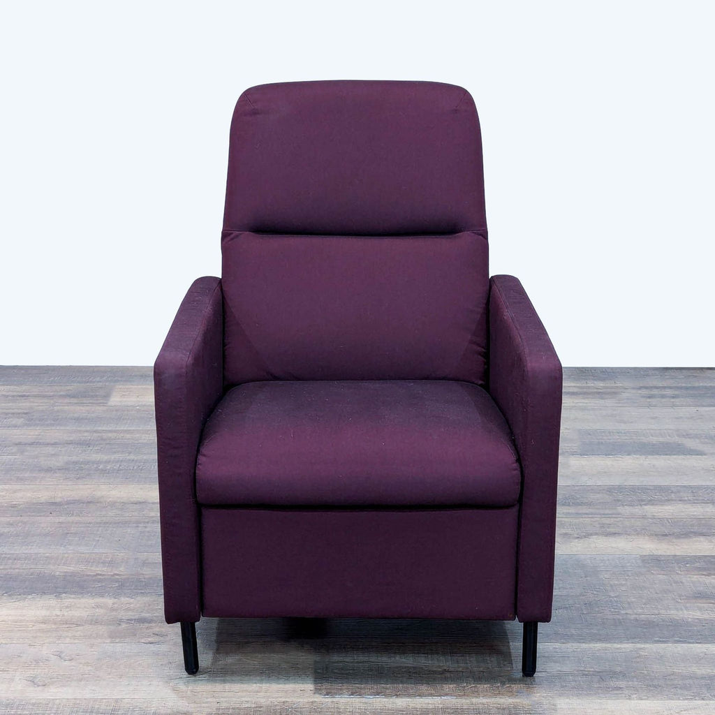Front view of the Gistad recliner in deep purple with wood legs.
