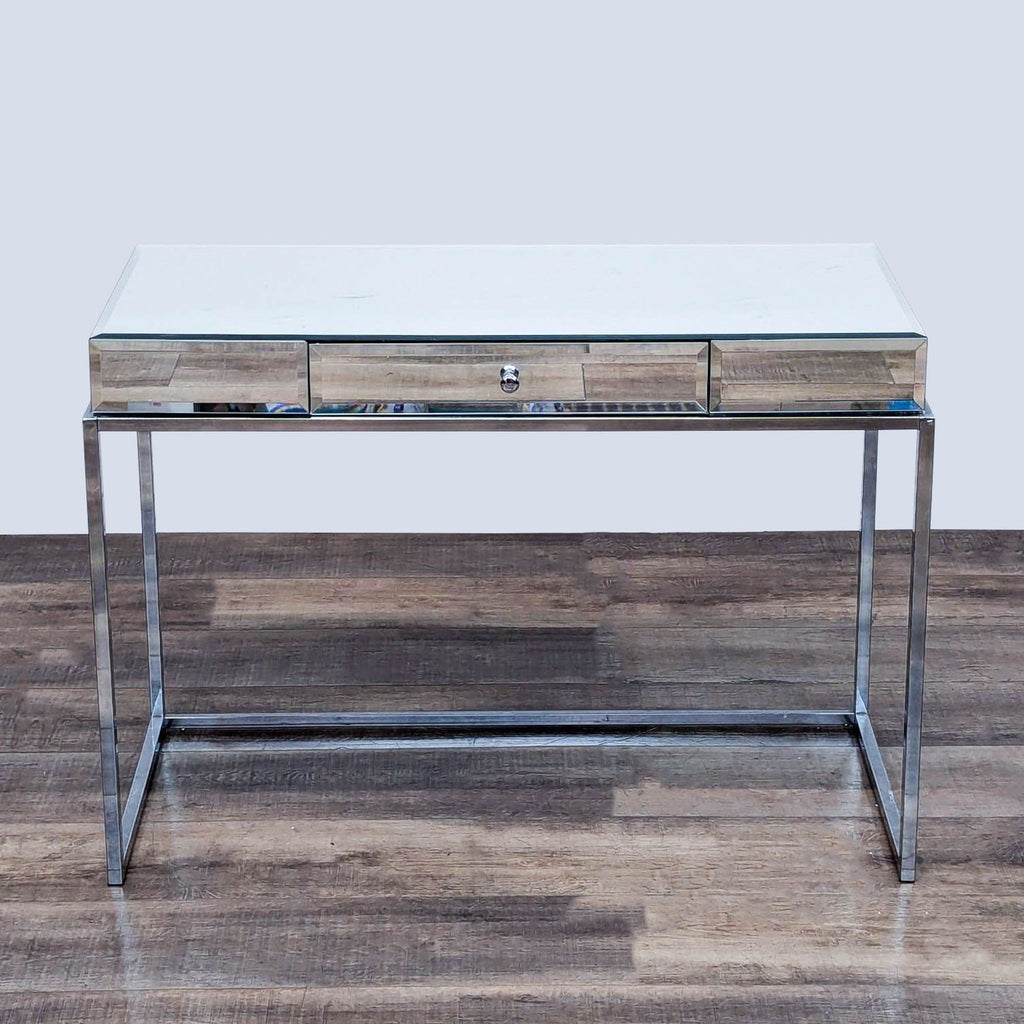 Sleek desk with chrome metal frame, white top, and mirrored sides by Reperch.
