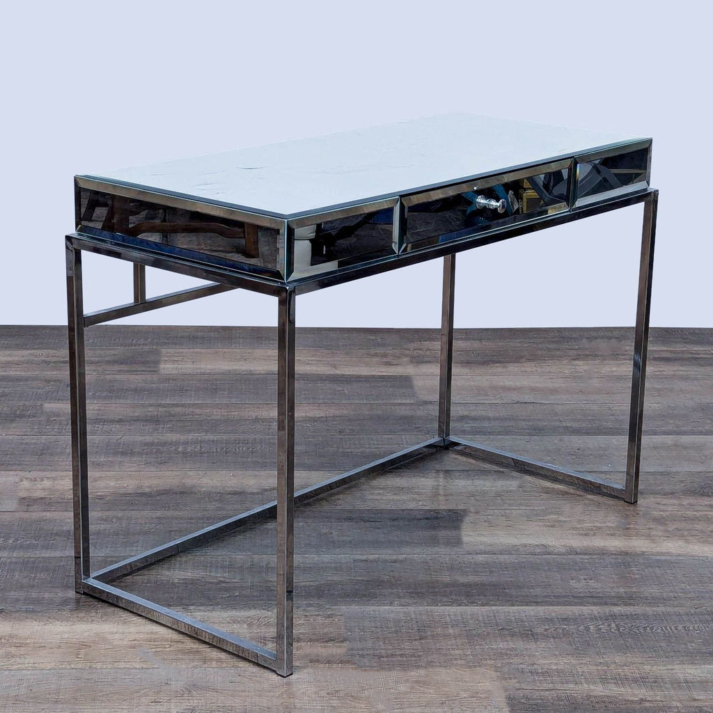 Contemporary desk with beveled mirrored sides, chrome frame, and white top by Reperch.