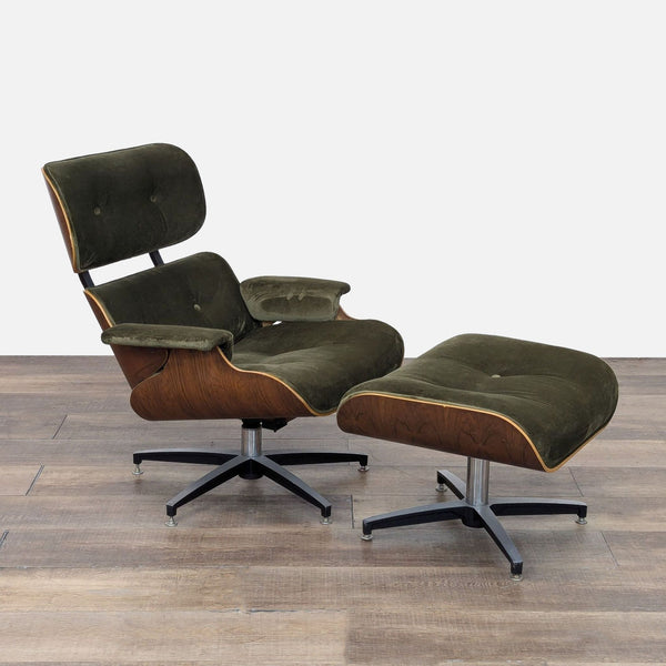 Vintage-style Eames chair with green velvet upholstery on a bentwood frame and metal base.