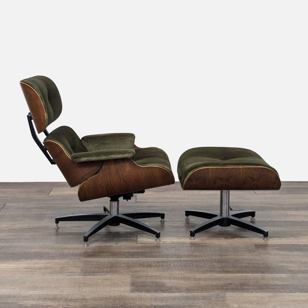 Side view of Reperch lounge chair and ottoman with dark green velvet and button tufting.