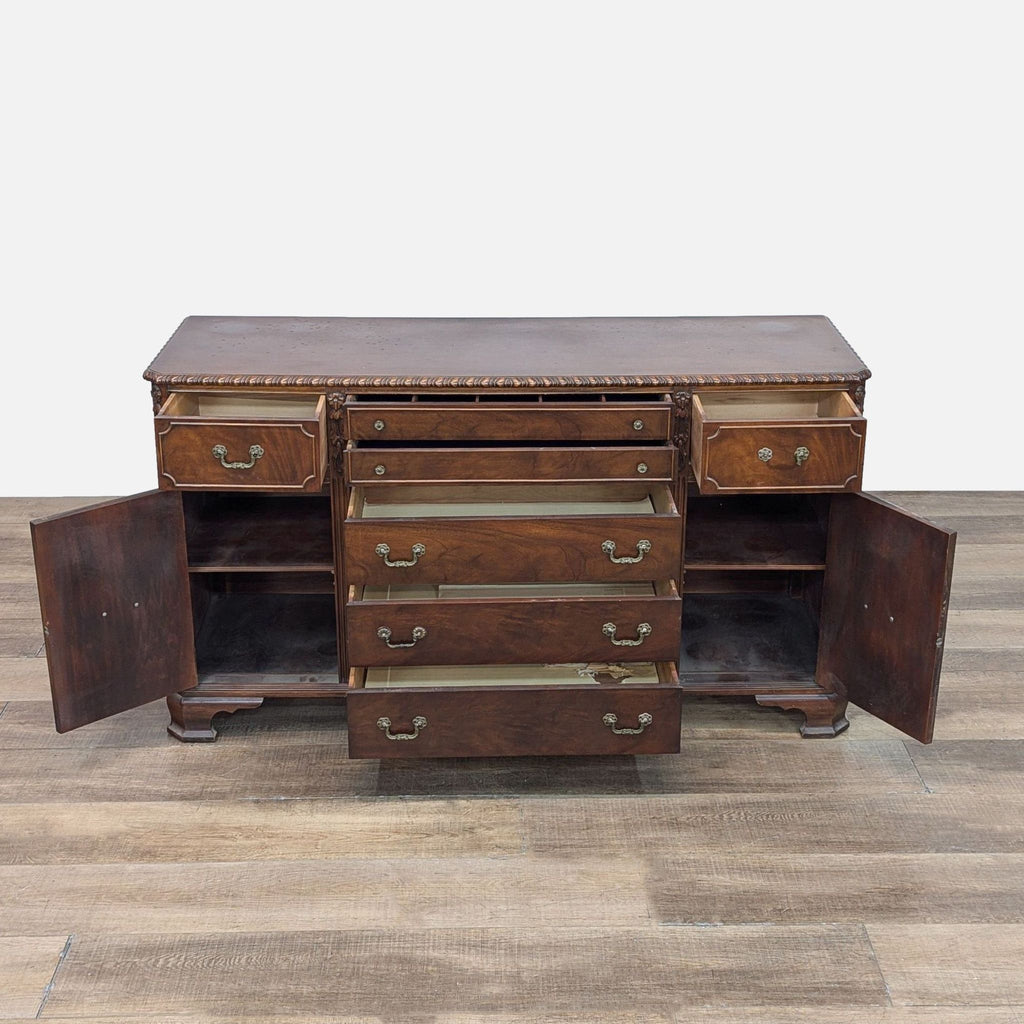 a wooden shelf with several pieces of luggage on it 