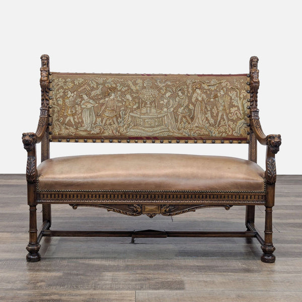 Renaissance style bench with maiden finials, lion head arms, needlepoint back, and leather seat.