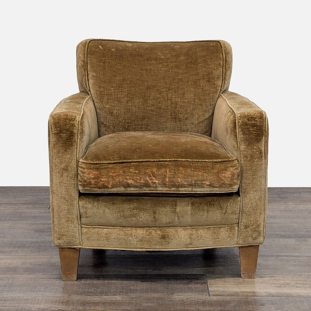 Front view of Fisher Weisman lounge chair with wood legs and chenille upholstery.