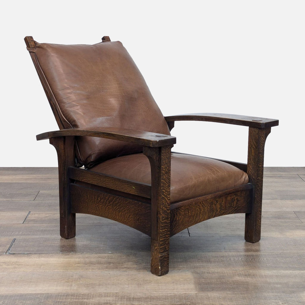 Angled view of Warren Hile Studio chair, oak and leather, showcasing its craftsmanship.