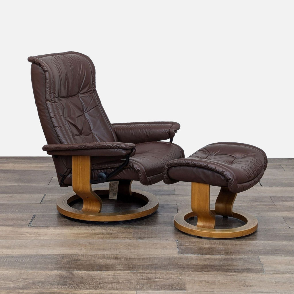 Ekornes chair and ottoman, brown leather upholstery on wooden swivel base.
