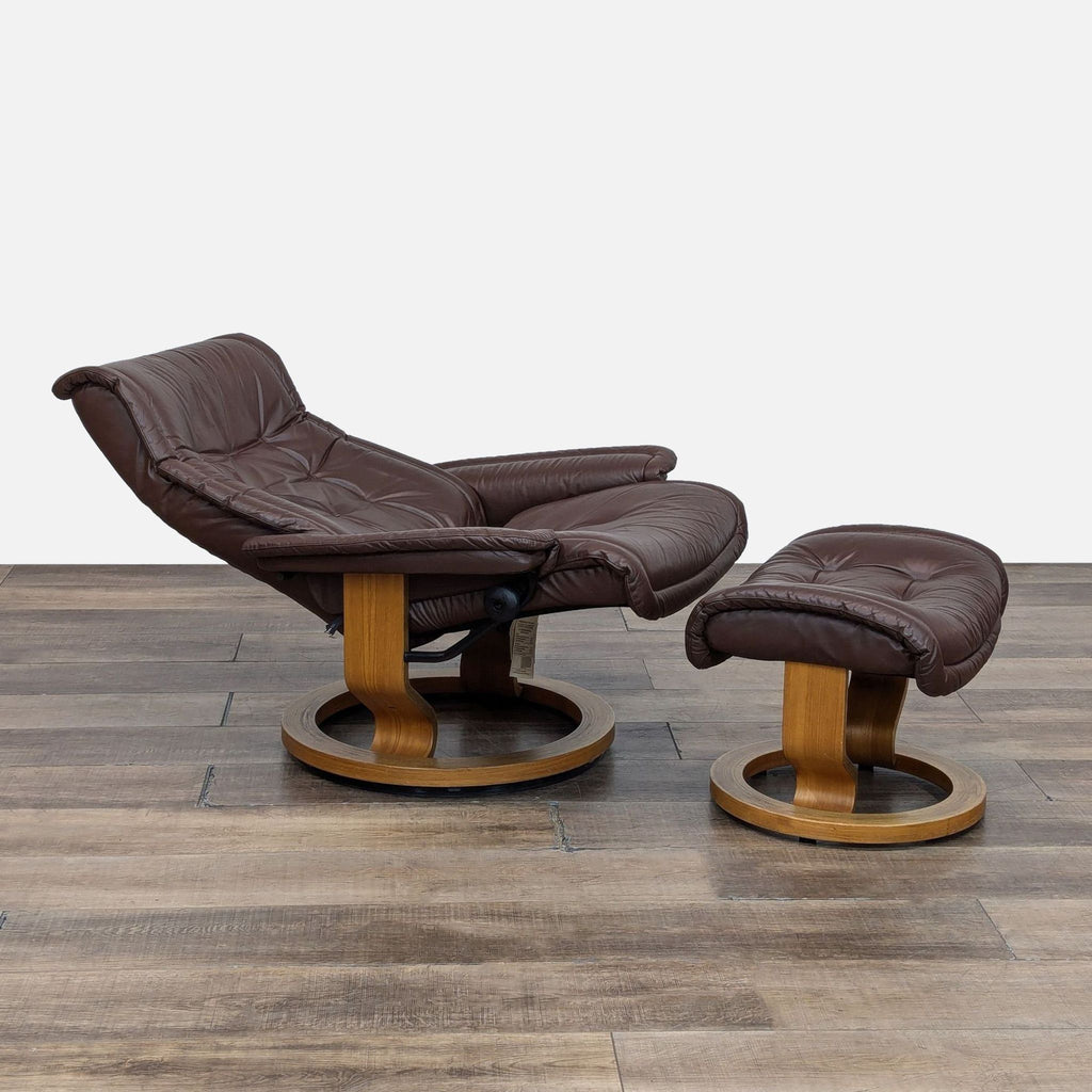 Brown leather Ekornes lounge chair with matching ottoman, swivel wood base.