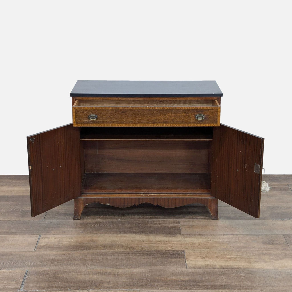 Sideboard with open doors revealing interior storage, Reperch brand.