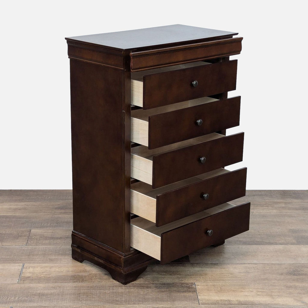 Side view of Reperch dresser, showing five drawers slightly open and wooden finish.