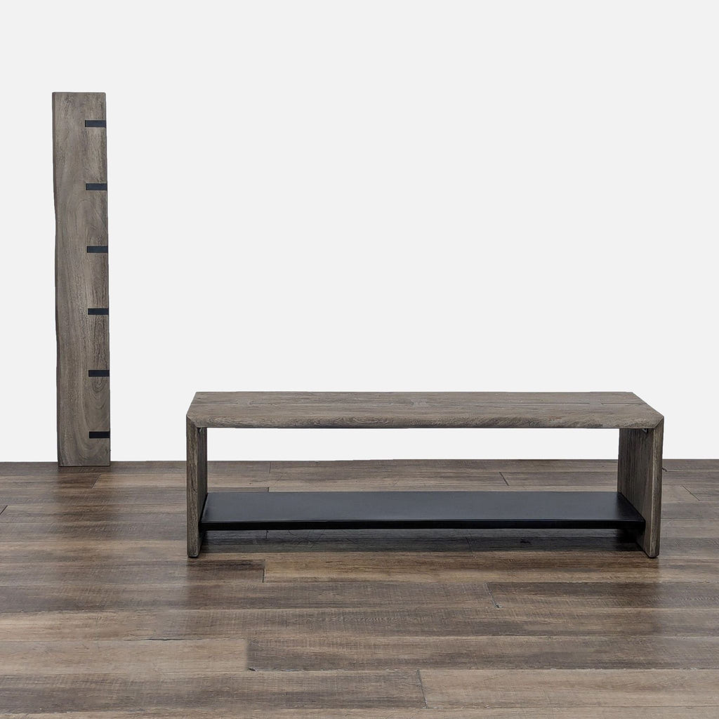 Live edge wood rack and bench in gray wash from Crate & Barrel.