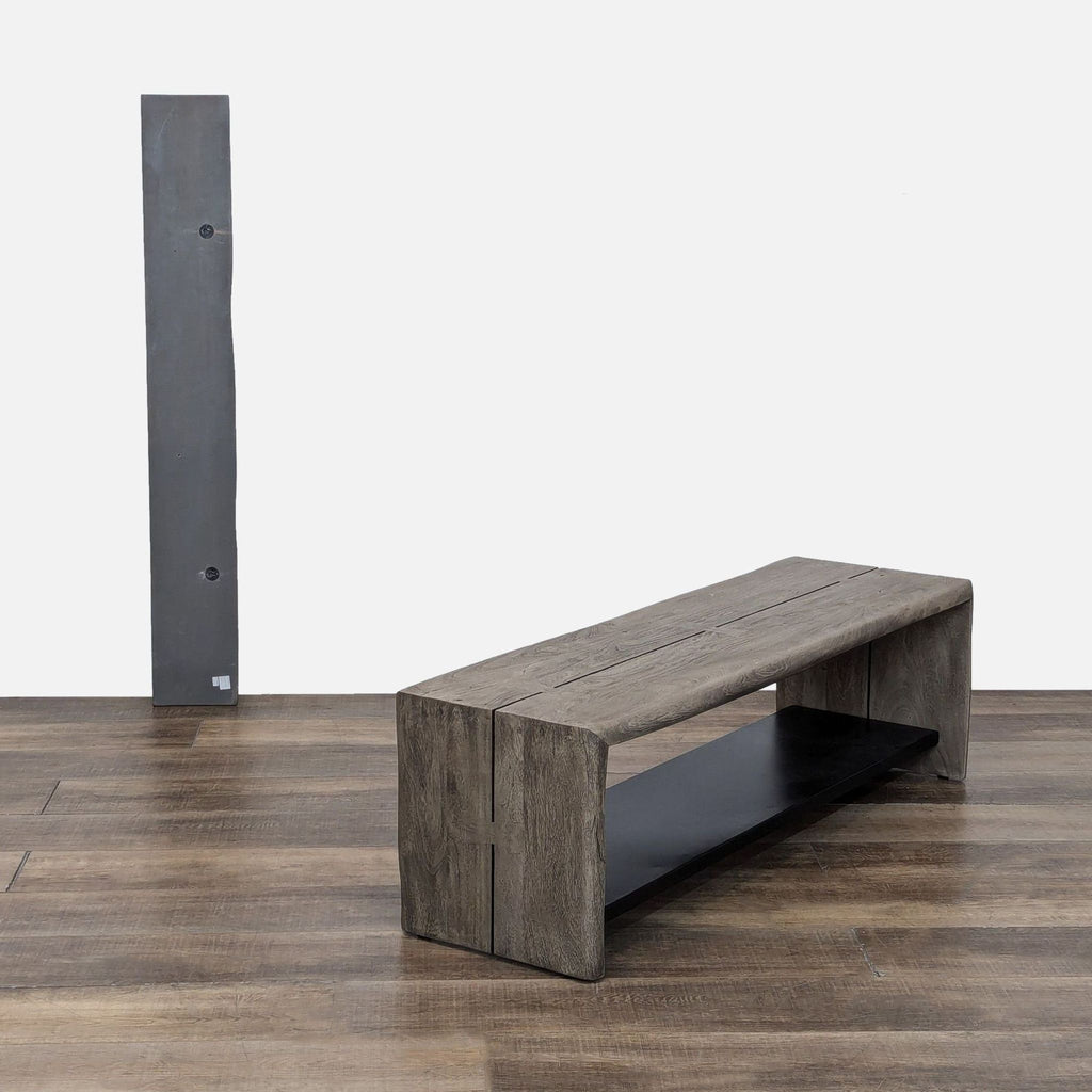 Gray wash live edge bench with storage shelf; Crate & Barrel bench.