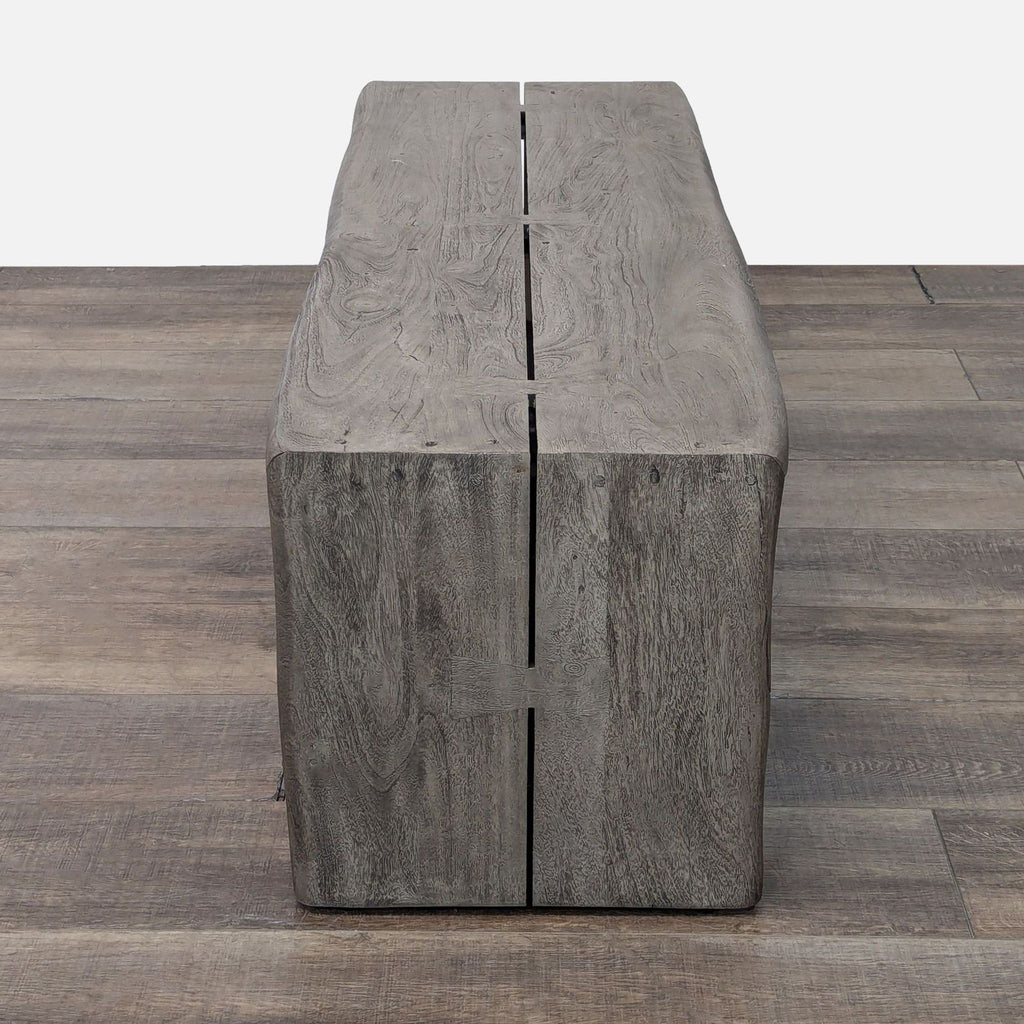Side view of live edge gray wash bench by Crate & Barrel.