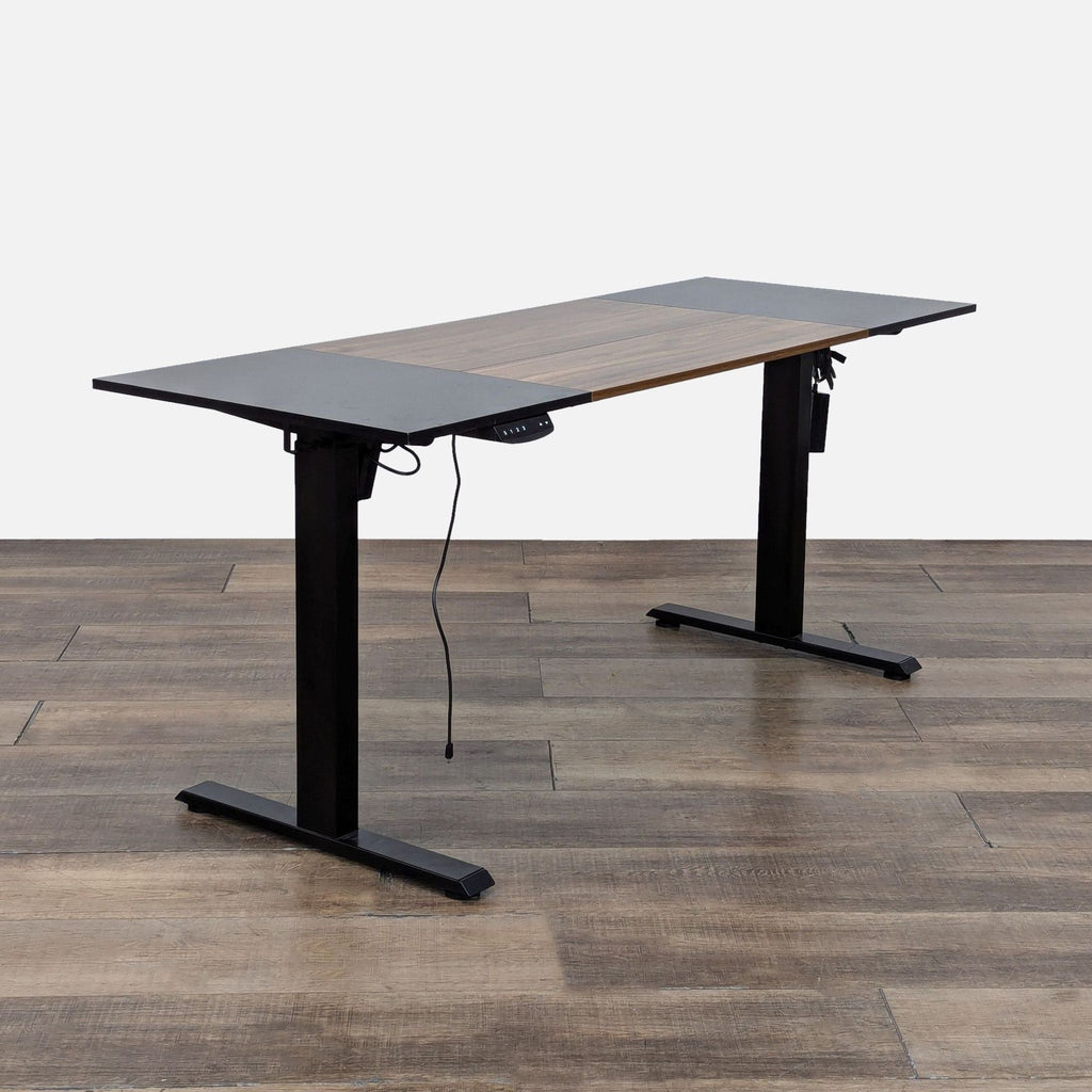 Adjustable FEZIBO desk with presets for varied heights, hardwood finish, and lockable, rotating casters for mobility.