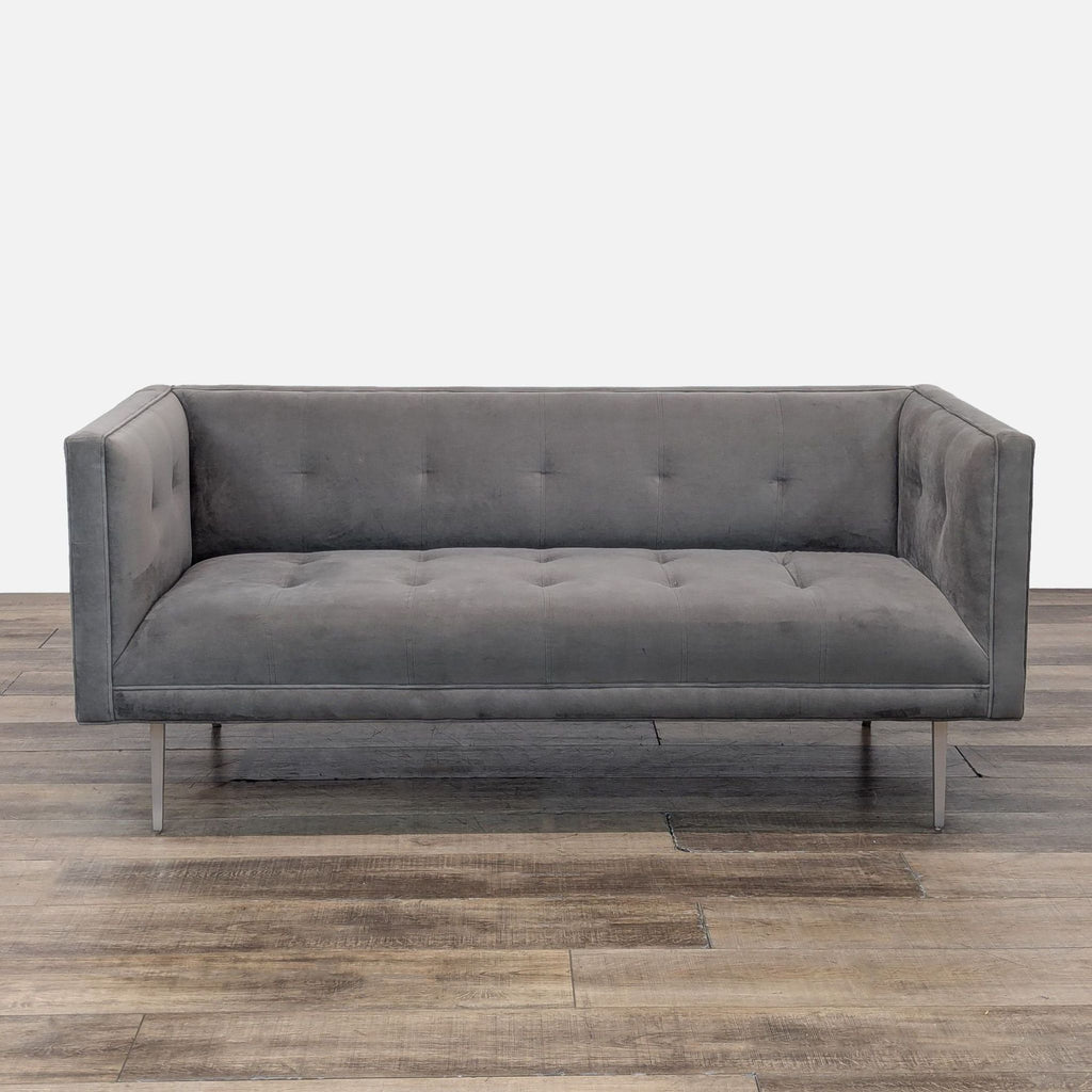 Gray suede 3-seat sofa with button tufting and metal legs from Reperch.