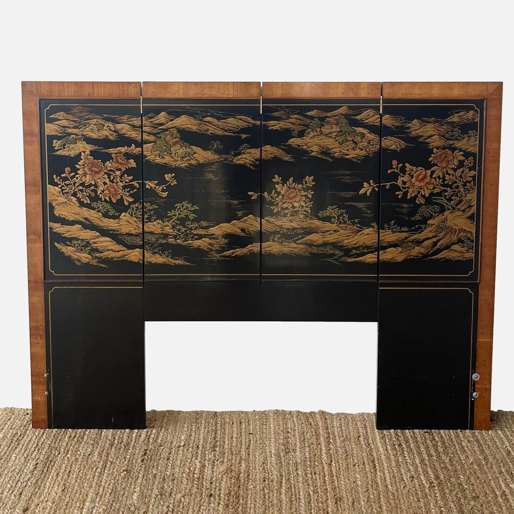Five-panel headboard with lacquered Chinese-style landscape. Mahogany border by Drexel Heritage.