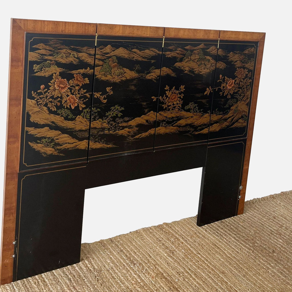 Drexel Heritage headboard featuring a five-panel Chinese-style scene with a mahogany border.