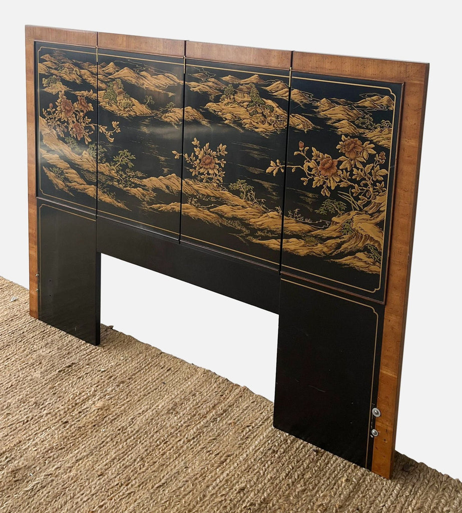 Lacquered headboard depicting Chinese landscape in rich colors. Crafted by Drexel Heritage.