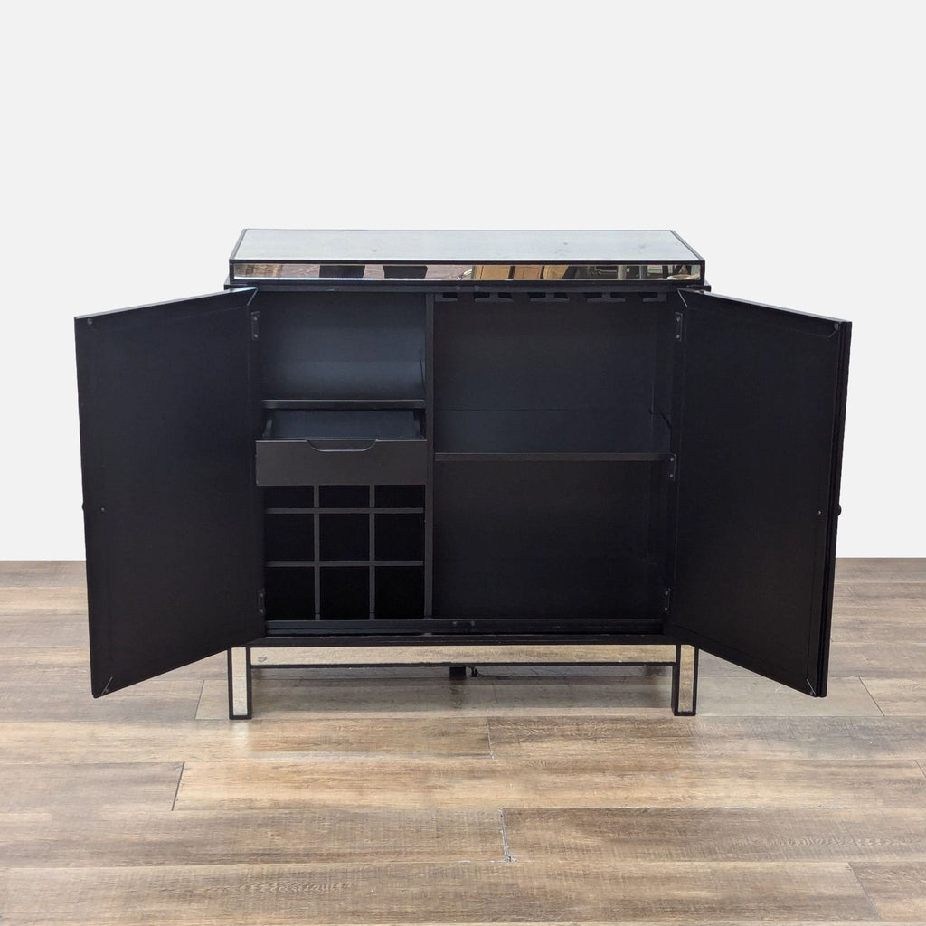 Open cabinet showing shelves, drawer, and a nine-bottle wine rack inside on a wooden floor.