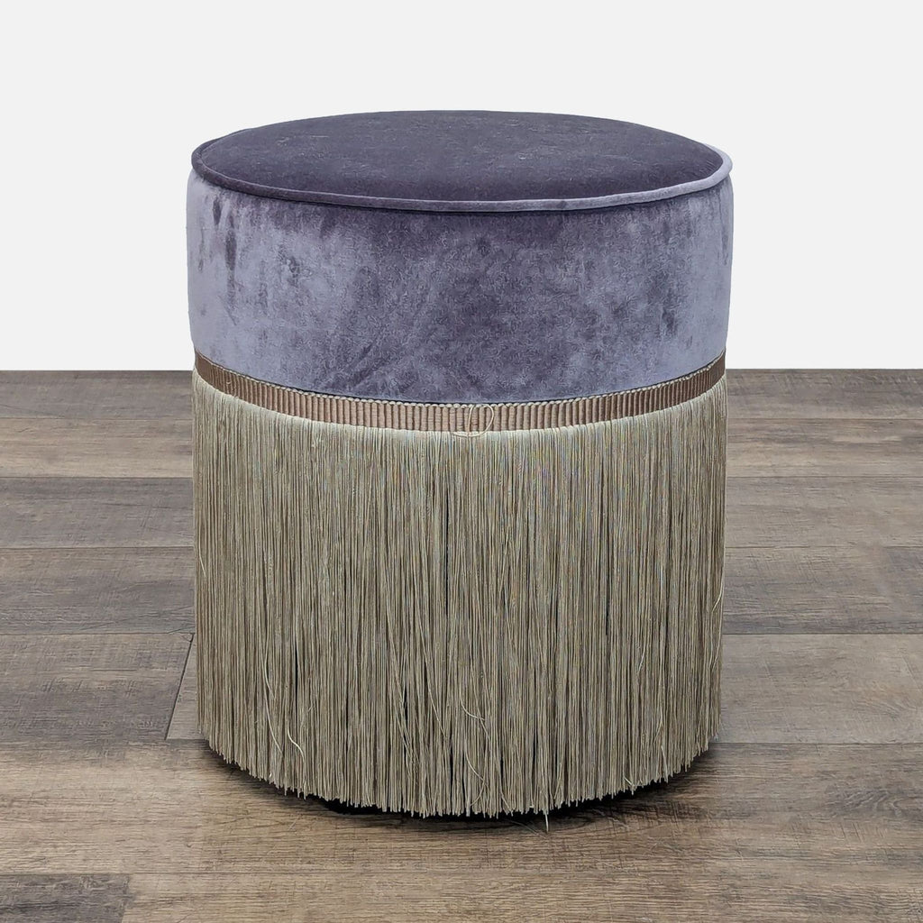 Velvet Trevira stool with viscose fringes and beech wood base, by Lorenza Bozzoli.