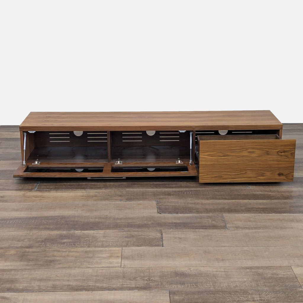 B-Modern entertainment center with wood finish, featuring open storage and clean lines.