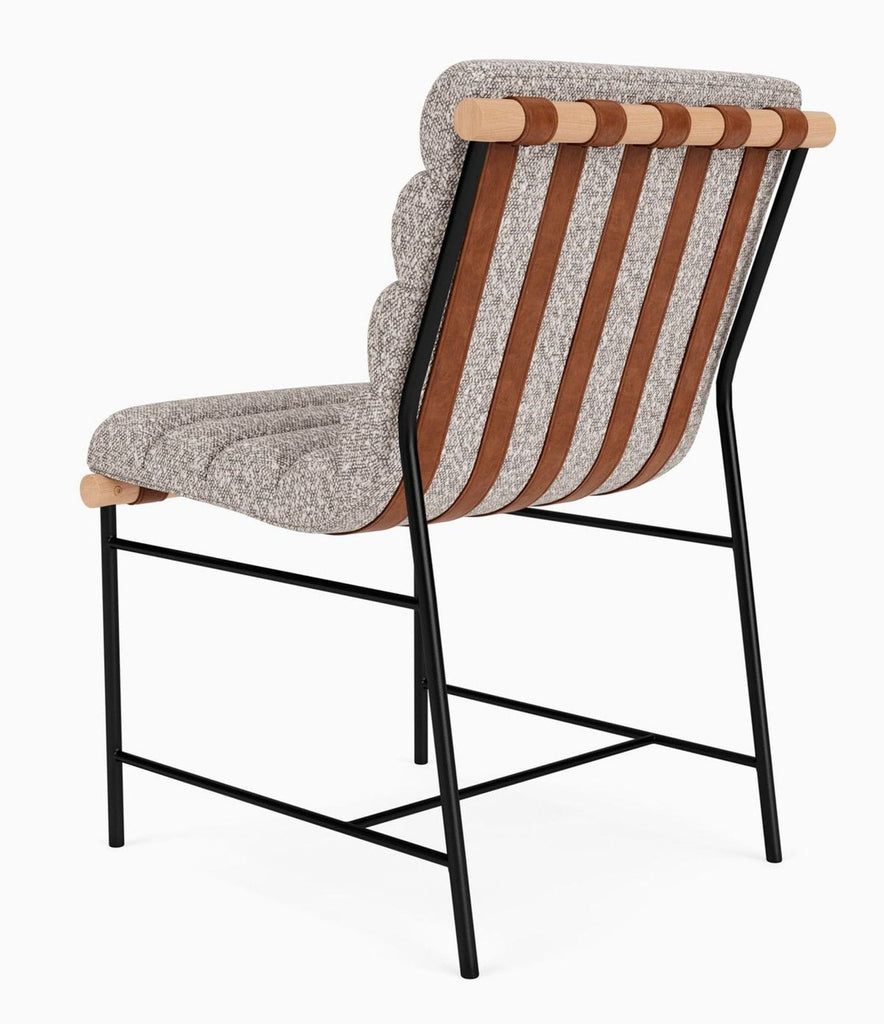 Back view of Vail Dining Chair highlighting leather straps and oak dowel details.