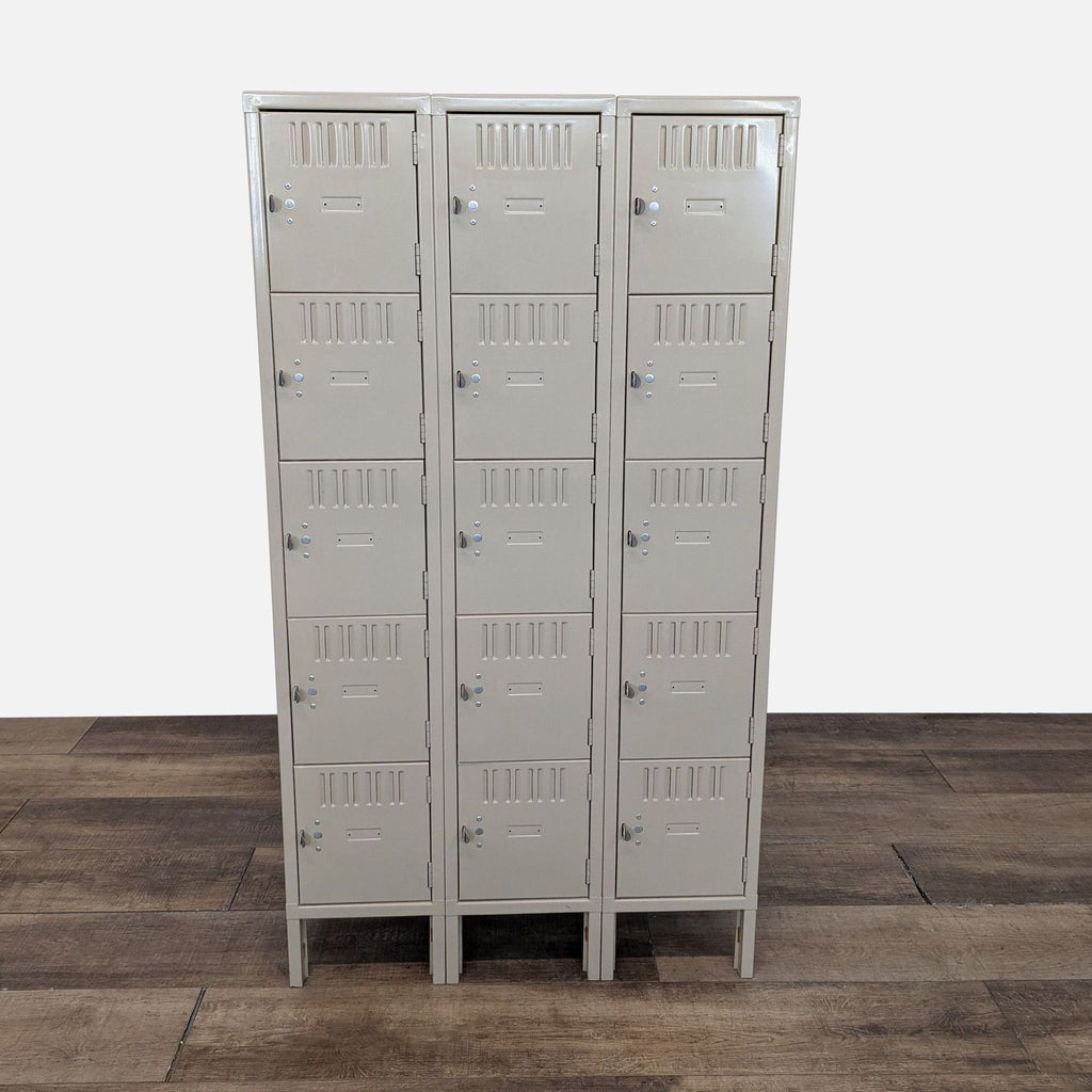 Tennsco 5-tier lockers, 3-unit wide with vented doors, padlock, and hasp.  