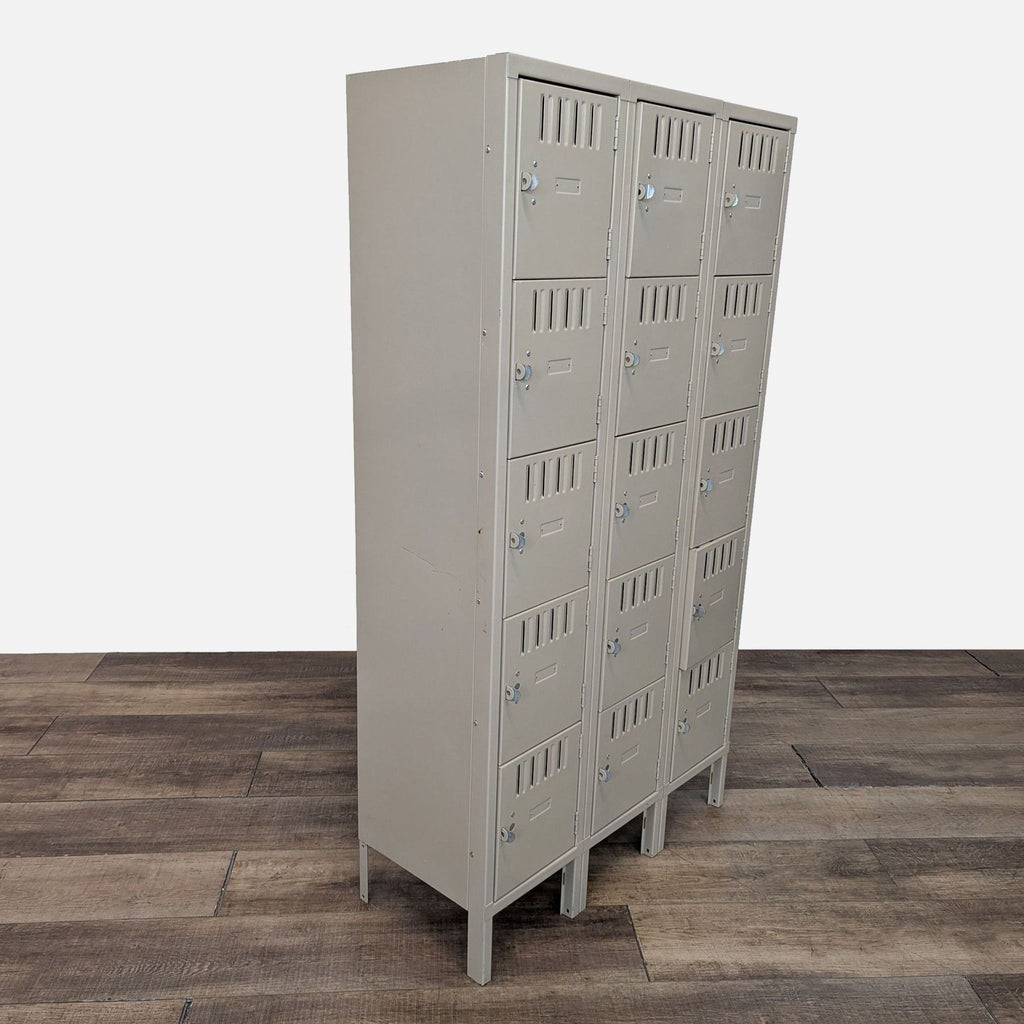 Side view of Tennsco box lockers, featuring a 3-unit wide, 5-tier high structure.