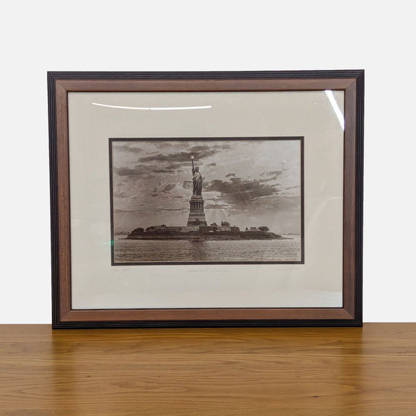 Framed vintage print of the Statue of Liberty, circa 1930.