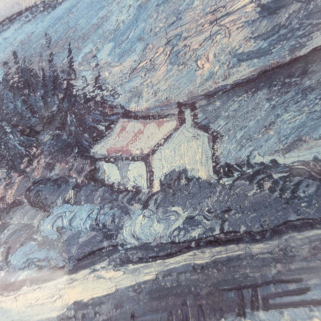 Close-up of Van Gogh's "Wheatfield and Mountains," with a detailed view of a house and trees.
