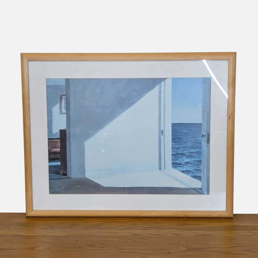 Framed Edward Hopper art print of a room with a door opening to the sea.