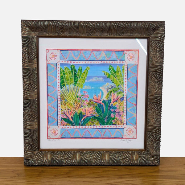 1. Framed tropical art print with colorful island scene, signed in pencil by artist, from Reperch brand.