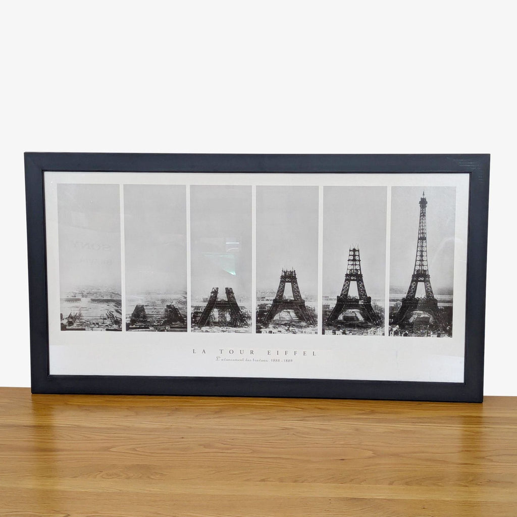 "Framed print showing the construction phases of the Eiffel Tower."