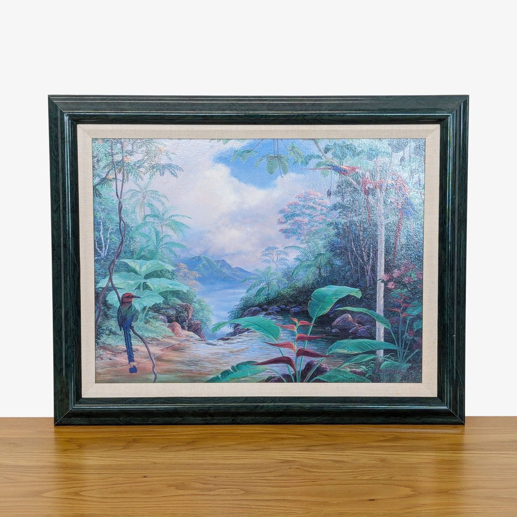 Framed canvas painting by Paul Mosby depicting parrots in a lush tropical scene.